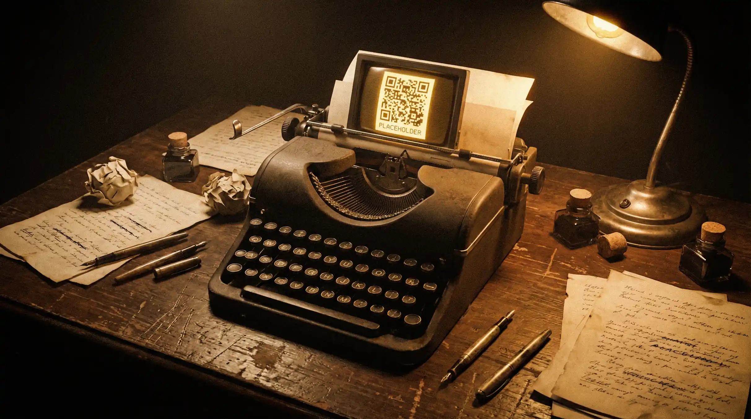 17c一起草 APP下载 - 复古打字机与散落的稿纸